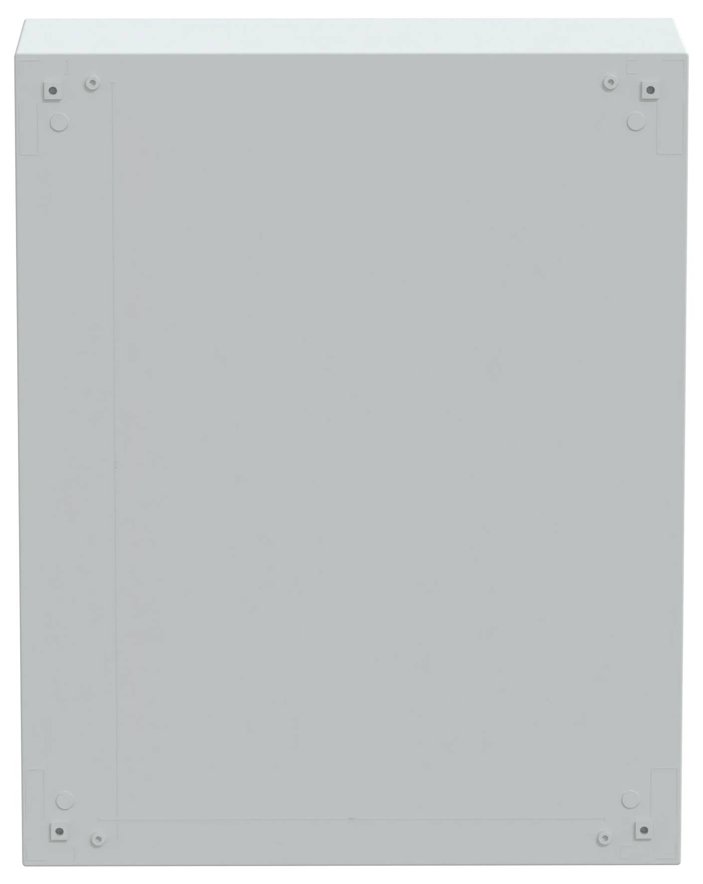 Une surface rectangulaire grise unie, probablement un panneau ou une porte, avec des vis visibles dans chaque coin.