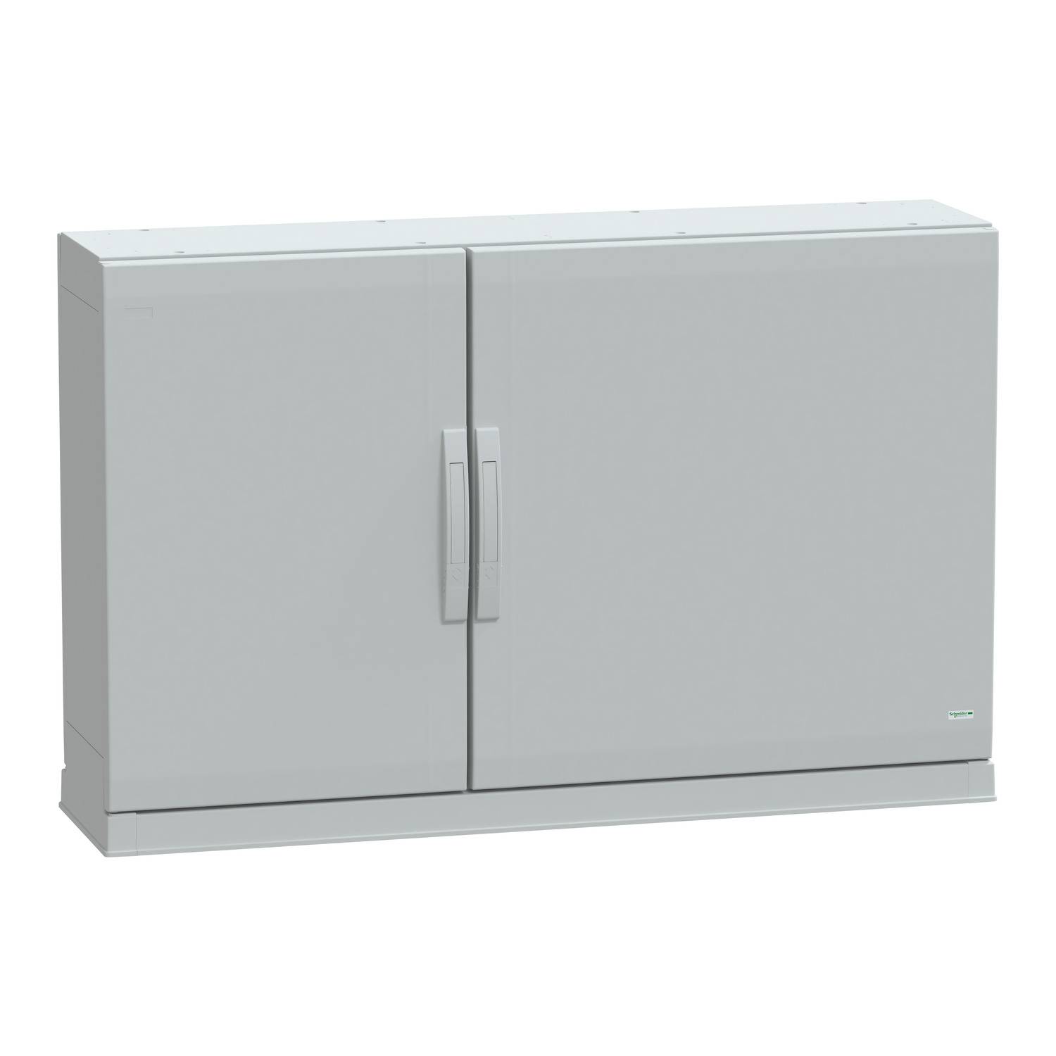 Armoire métallique sobre de couleur grise, à deux portes et poignées centrales, adaptée au rangement et à l'organisation dans un environnement de bureau ou industriel.
