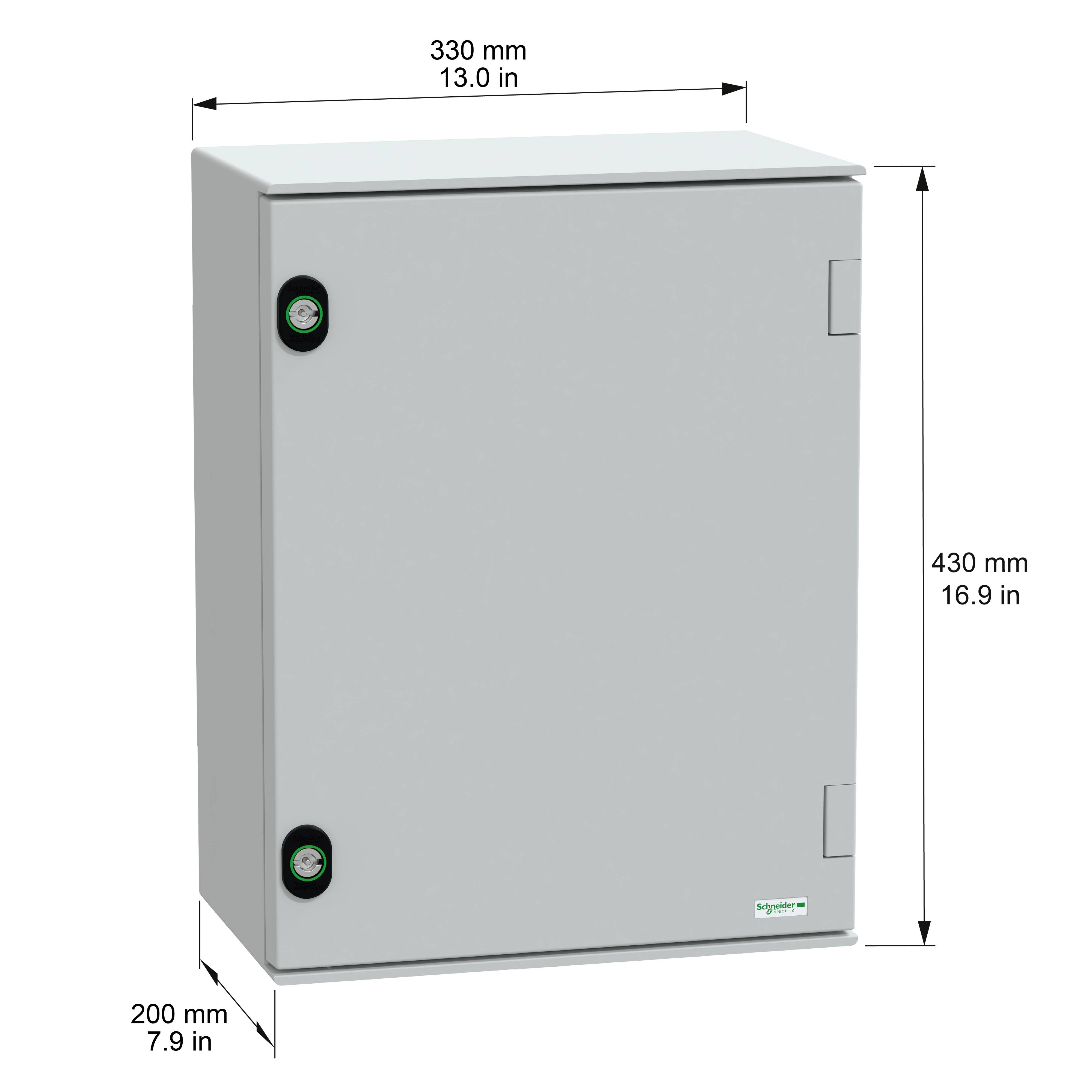 Un boîtier électrique rectangulaire avec des dimensions indiquées : 330 mm (13,0 po) de large, 430 mm (16,9 po) de haut et 200 mm (7,9 po) de profondeur.