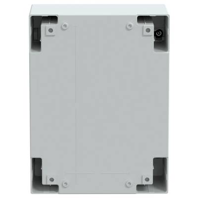 Un boîtier électrique rectangulaire gris avec des trous de vis dans les coins sur un fond blanc.