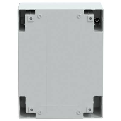 Vue arrière d'un boîtier électrique rectangulaire gris en plastique avec des points de fixation en haut et en bas.