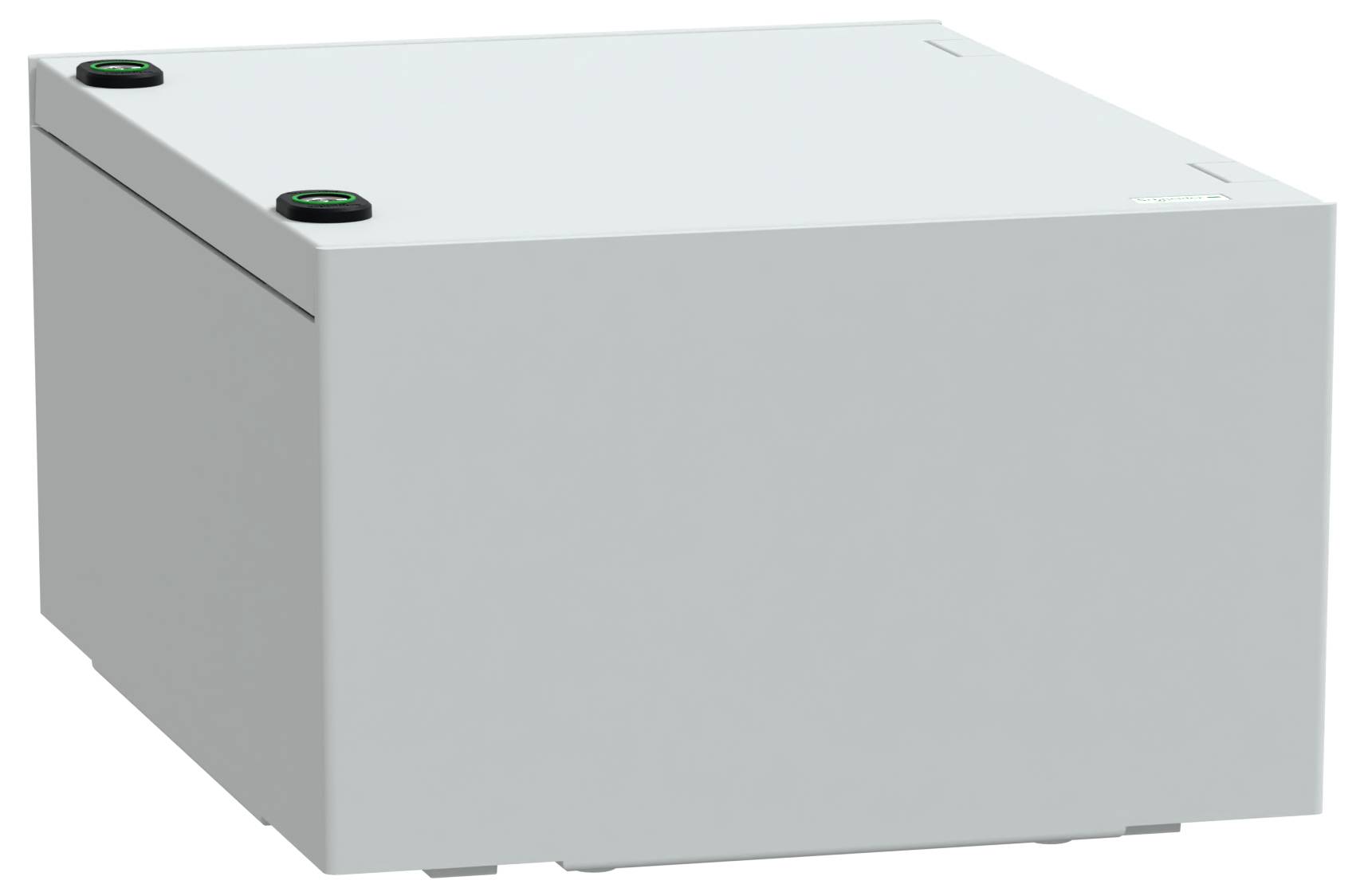 Un boîtier blanc rectangulaire en métal avec deux boutons ronds noirs sur les coins supérieurs, probablement un boîtier d'équipement industriel ou électronique.