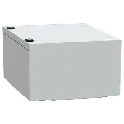 Un boîtier blanc rectangulaire en métal avec deux boutons ronds noirs sur les coins supérieurs, probablement un boîtier d'équipement industriel ou électronique.