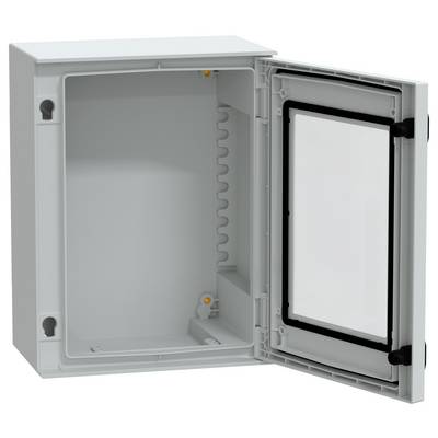 Un boîtier électrique gris ouvert et vide, doté d'une porte à charnières, conçu pour abriter et protéger les composants intérieurs.