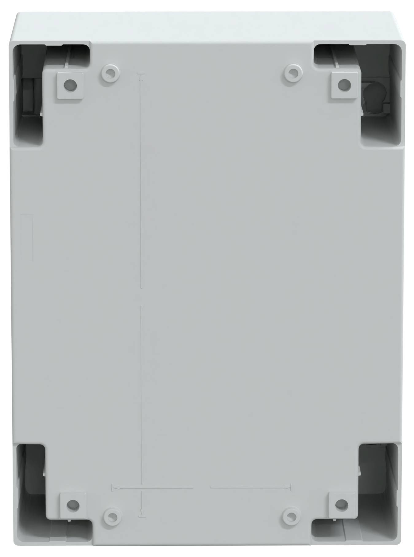 Un boîtier électronique rectangulaire gris avec des trous de montage dans chaque coin. La conception semble adaptée à une installation murale ou sur panneau.