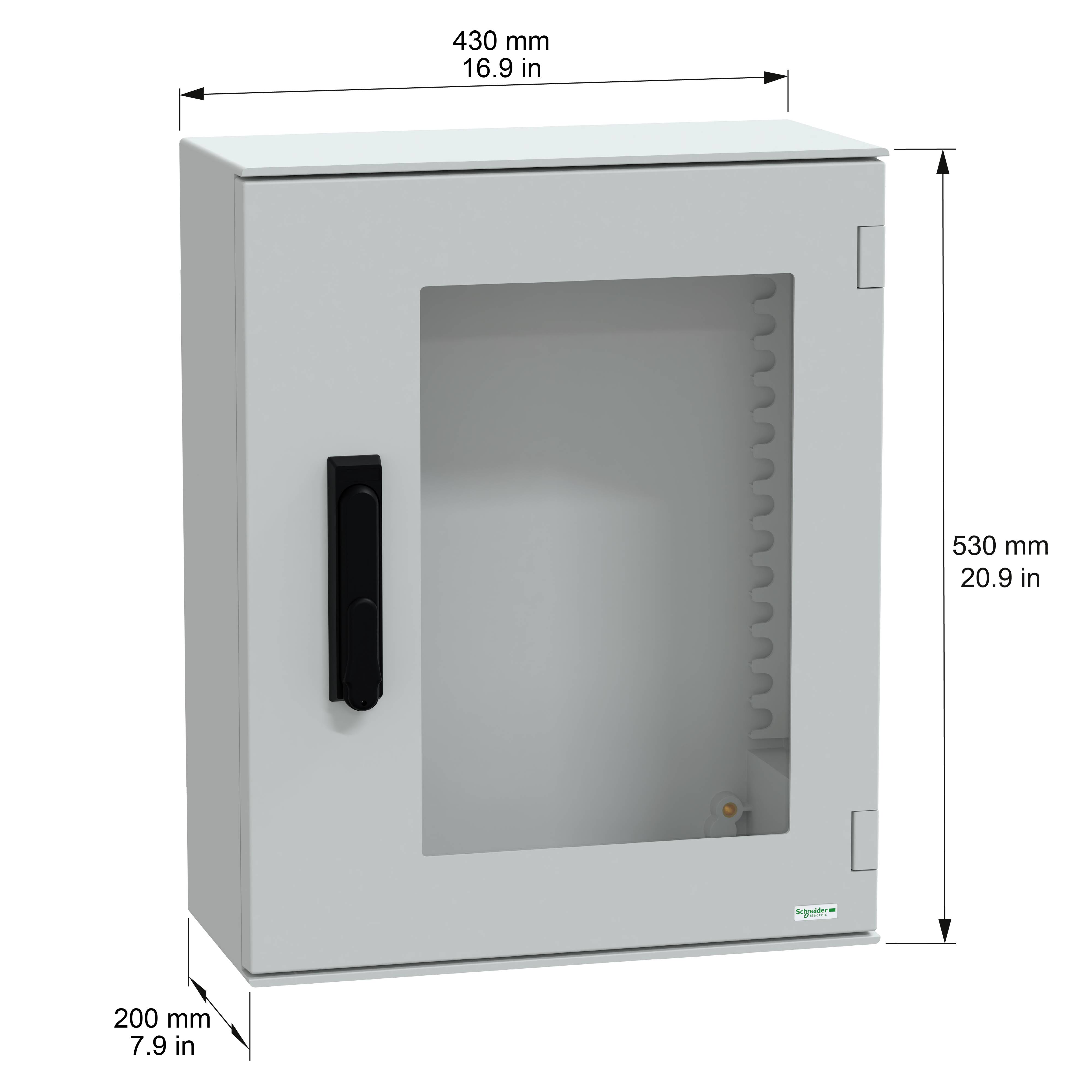 Boîte d'encastrement métallique avec dimensions : largeur 430 mm (16,9 pouces), hauteur 530 mm (20,9 pouces), profondeur 200 mm (7,9 pouces). Poignée noire.