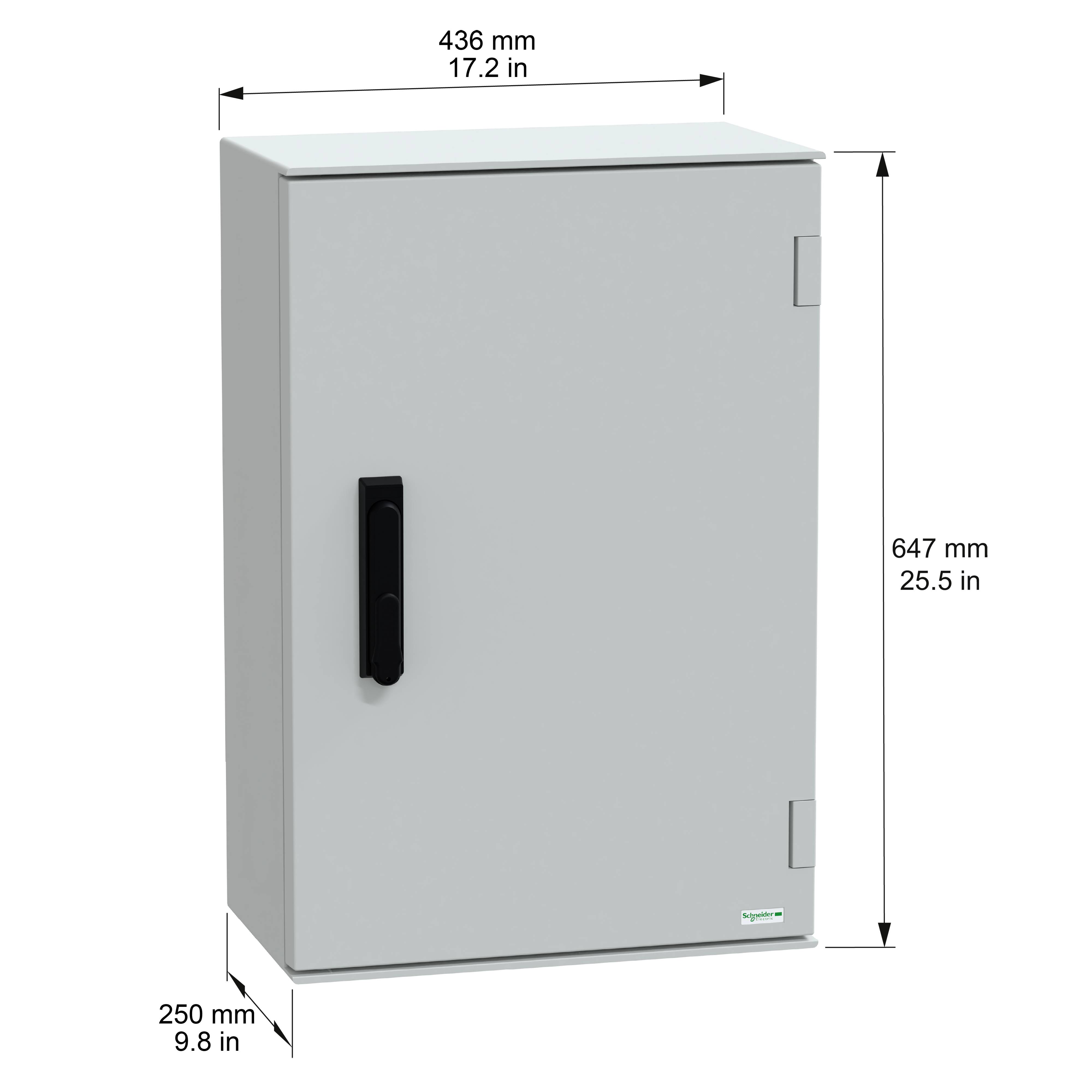 Un boîtier électrique de dimensions 436 mm (17,2 po) de large, 250 mm (9,8 po) de profondeur et 647 mm (25,5 po) de hauteur, équipé d'une poignée noire.