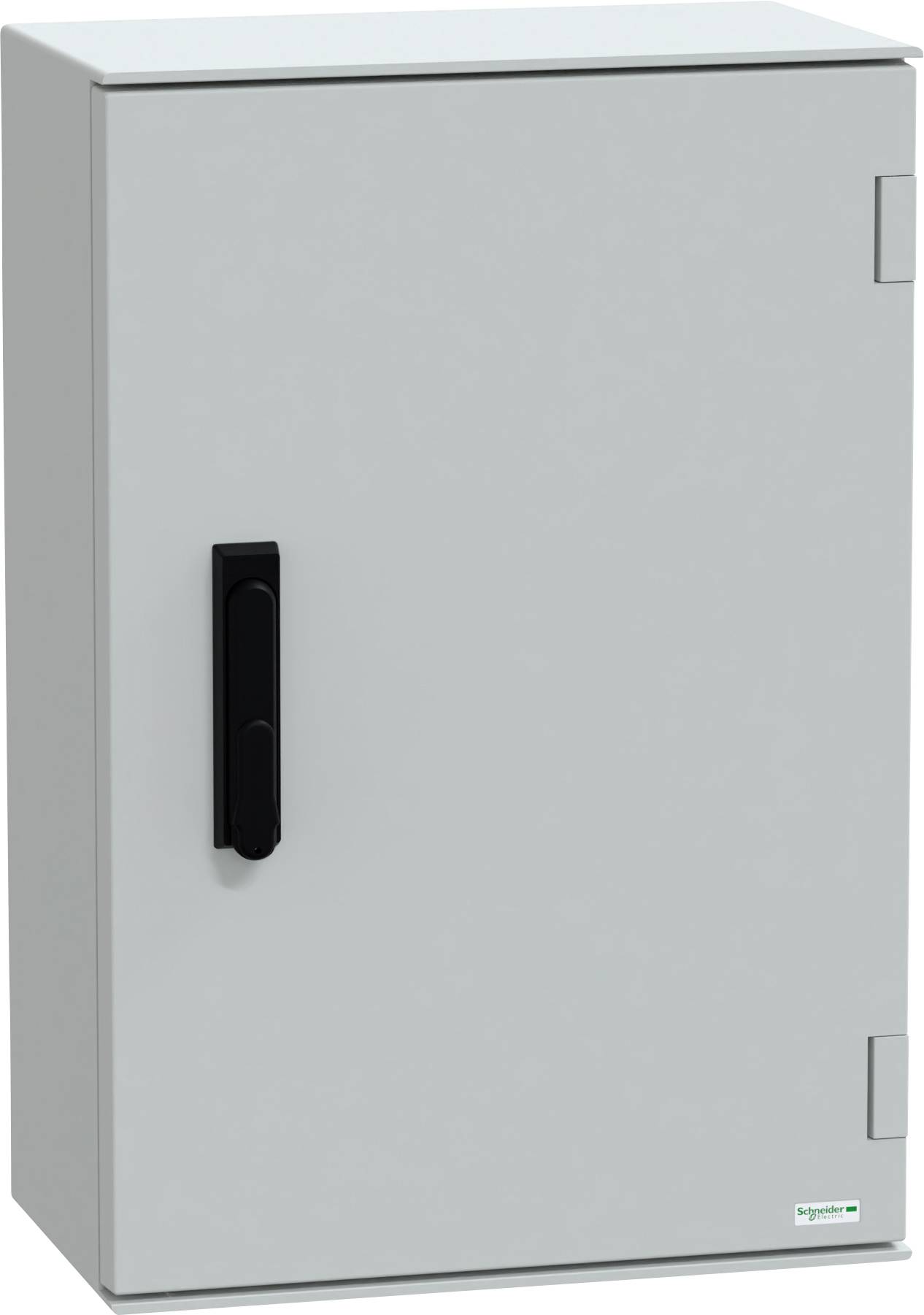 Un coffret électrique gris avec une poignée noire, utilisé pour loger et protéger des composants électriques.