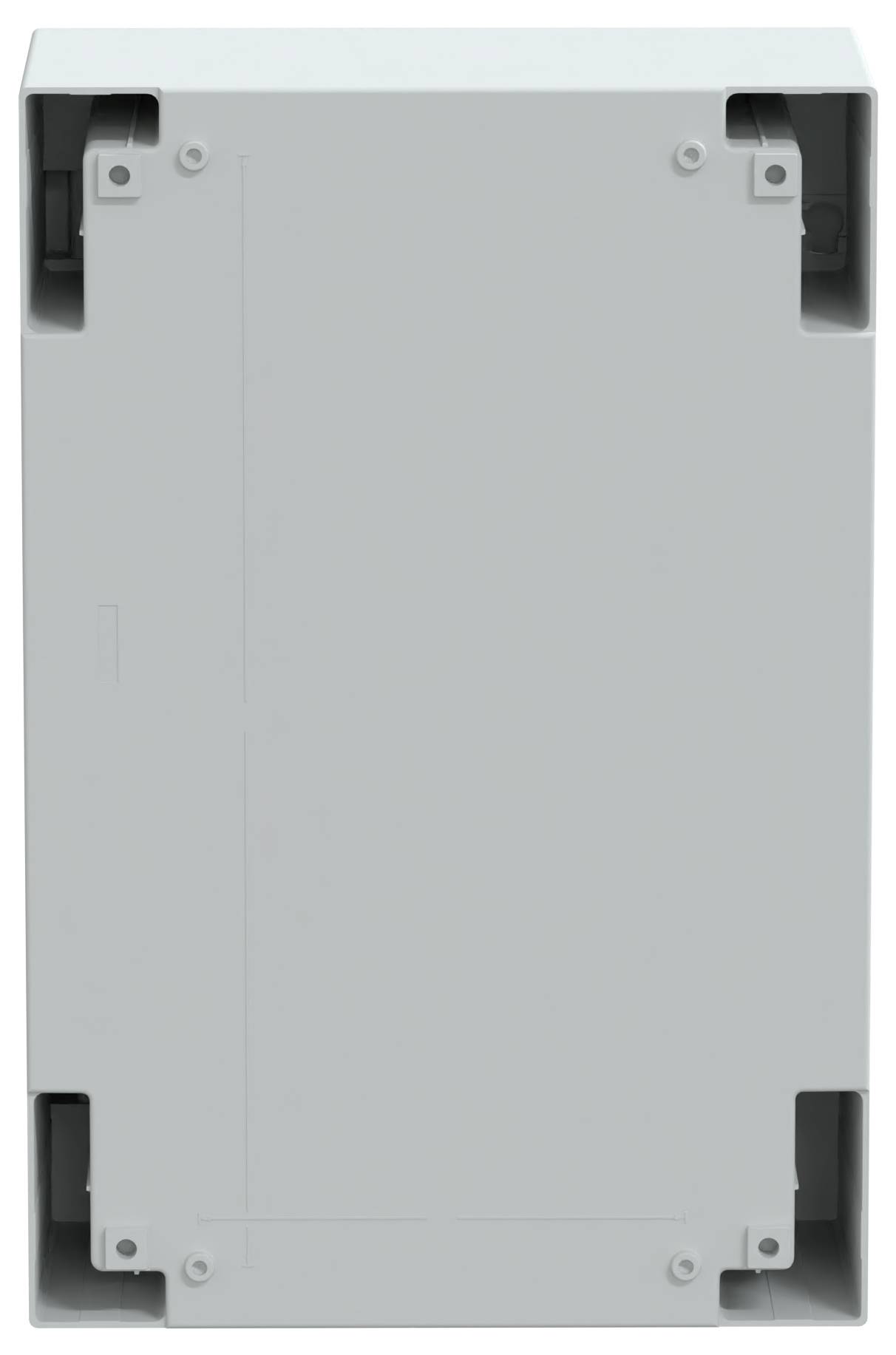 Une boîte gris clair rectangulaire et simple, avec de petits détails noirs et gris sur les coins, vue de face.