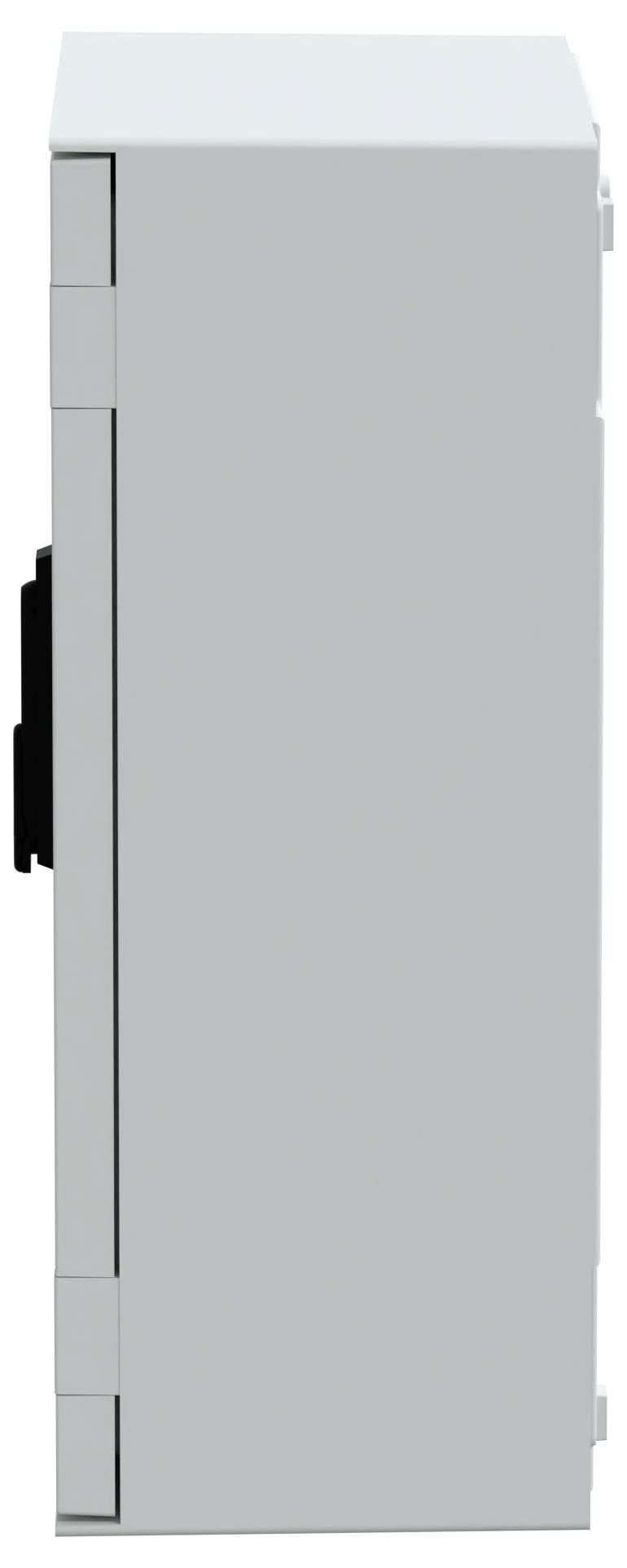 Vue latérale d'un boîtier rectangulaire gris en métal avec une porte à charnières et une poignée noire, probablement un coffret électrique ou une armoire.