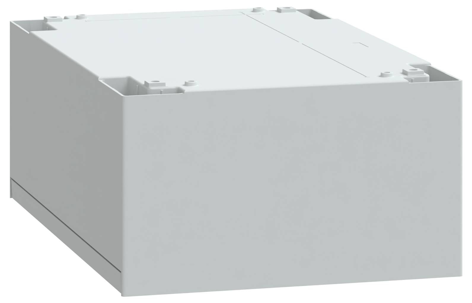 Un boîtier en plastique blanc rectangulaire avec un couvercle plat, conçu pour abriter des composants électroniques ou des connexions de câblage.