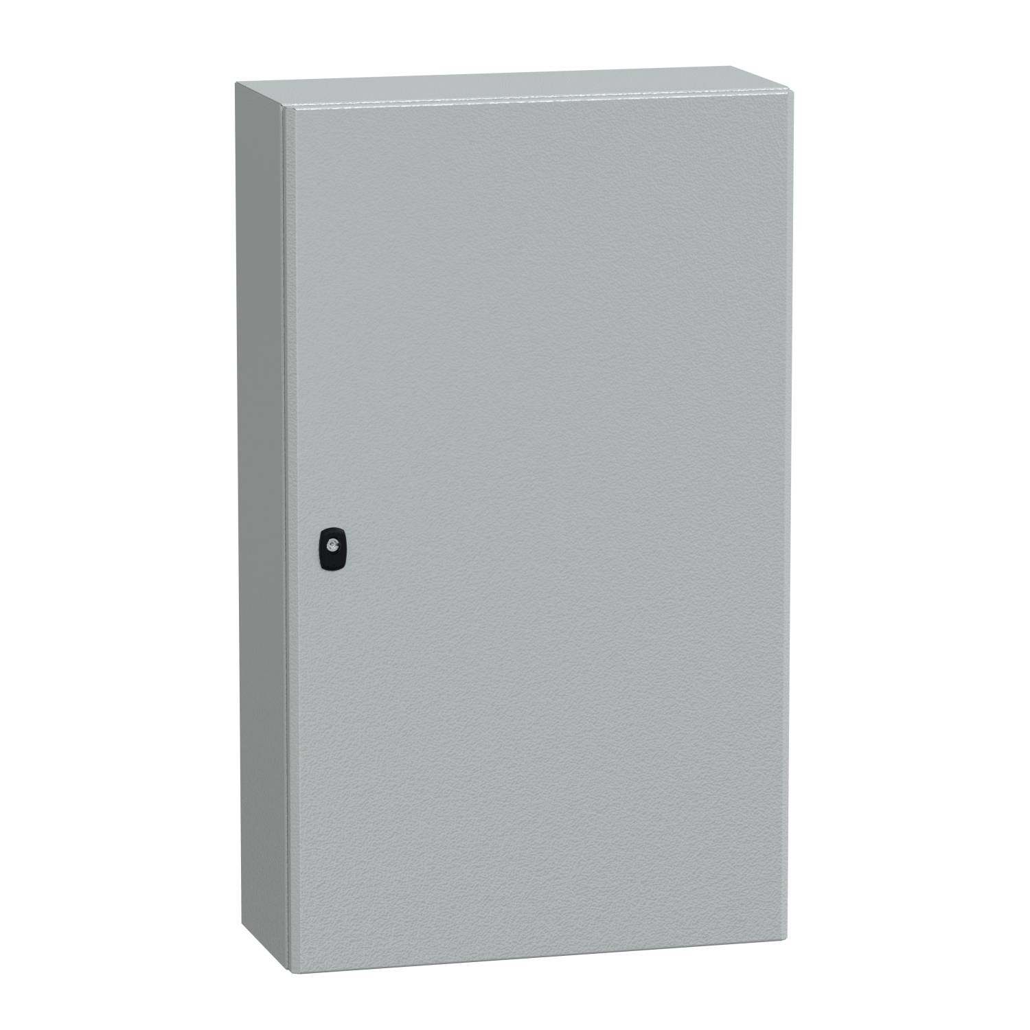 Armoire électrique grise, rectangulaire, avec une poignée noire sur le côté gauche de la porte.