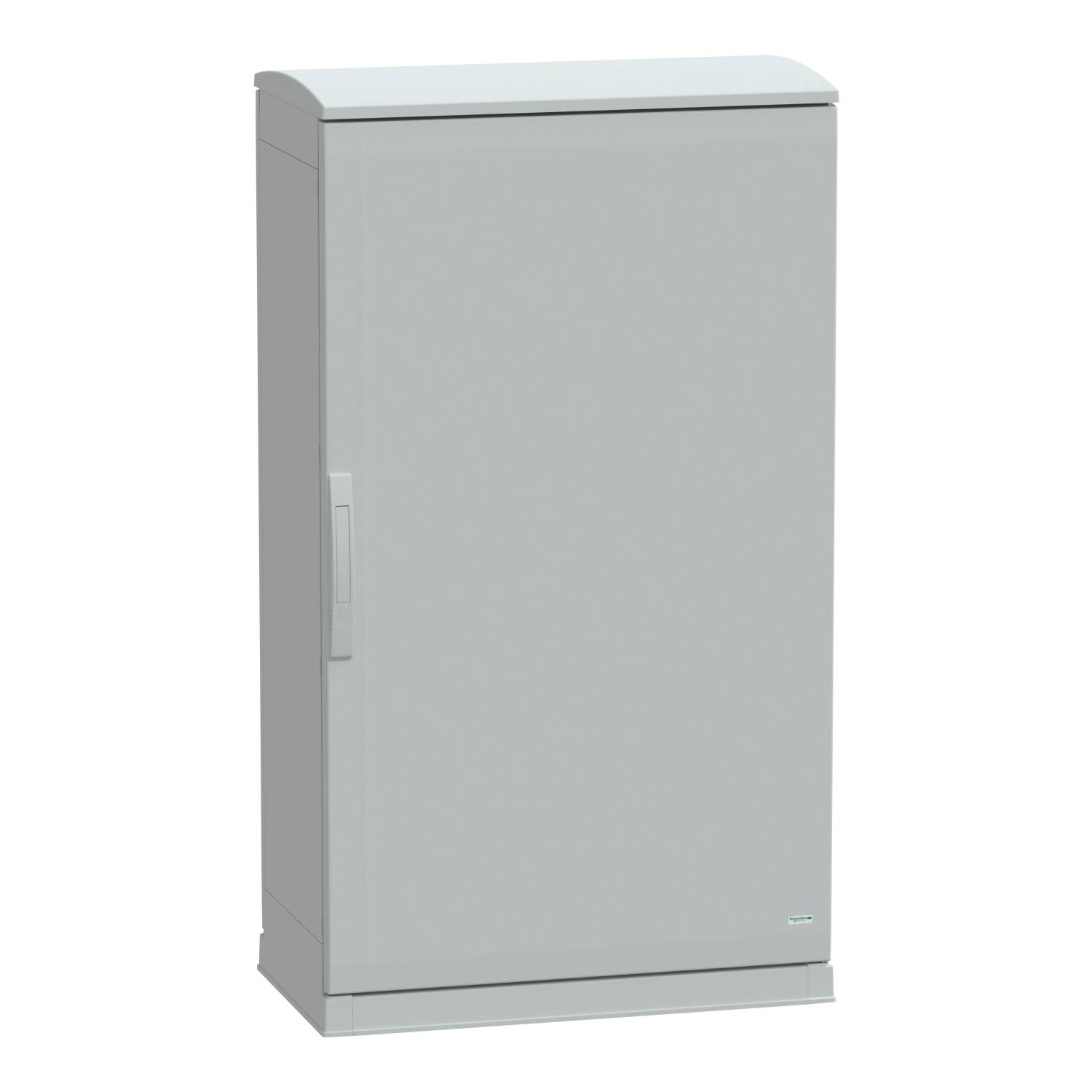 Un placard gris rectangulaire avec une poignée sur le côté gauche, se tenant droit.
