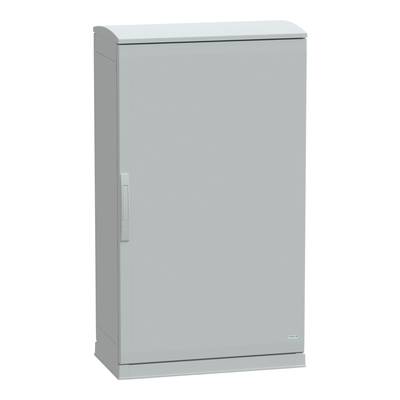 Un placard gris rectangulaire avec une poignée sur le côté gauche, se tenant droit.