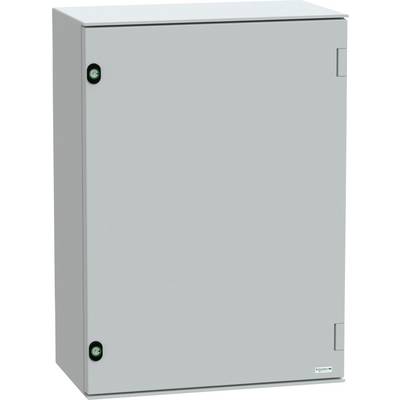 Une armoire électrique grise avec deux serrures circulaires noires et un petit logo de marque dans le coin inférieur droit. L'armoire est fermée.