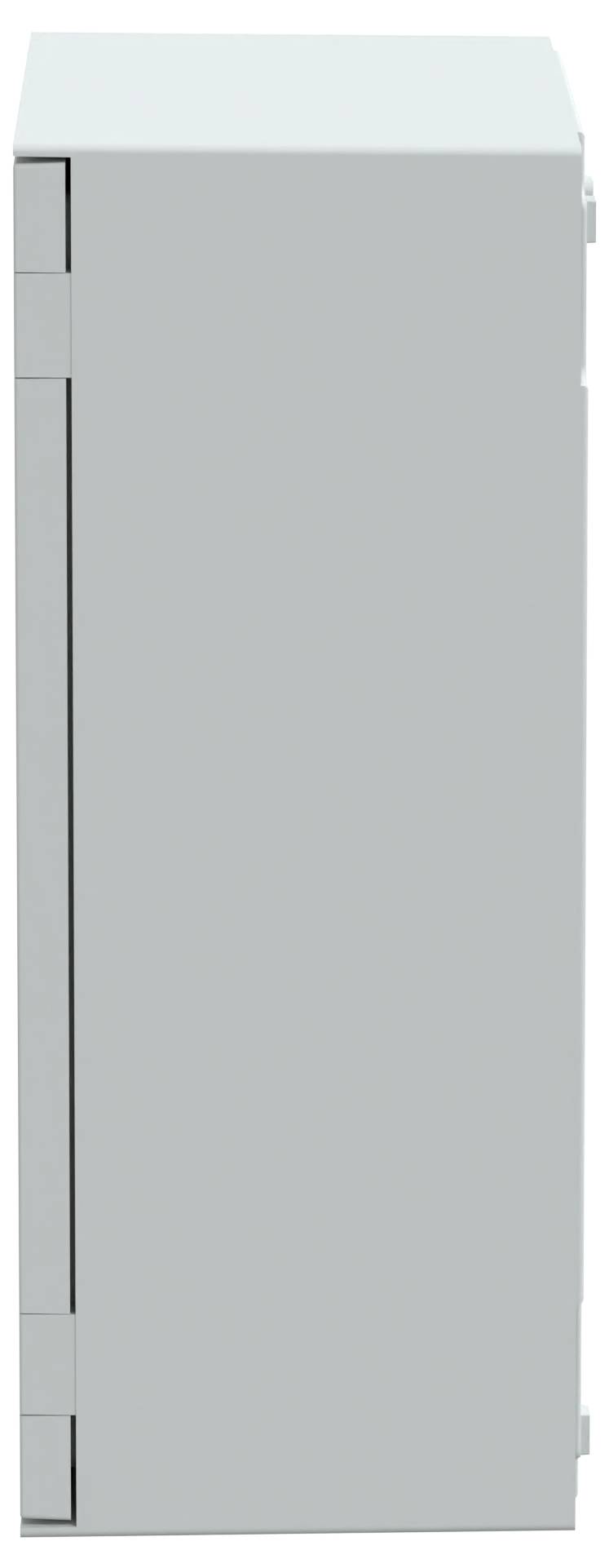 Vue de côté d'un meuble gris rectangulaire avec une porte à charnières.