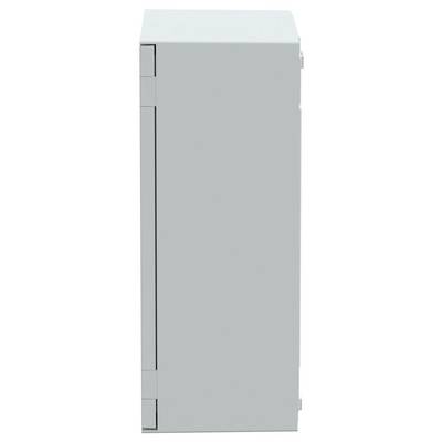 Vue de côté d'un meuble gris rectangulaire avec une porte à charnières.
