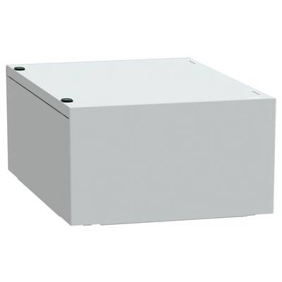 Un boîtier de jonction électrique rectangulaire, blanc et simple, équipé de deux fixations rondes sur les coins supérieurs, conçu pour abriter les connexions de câblage.
