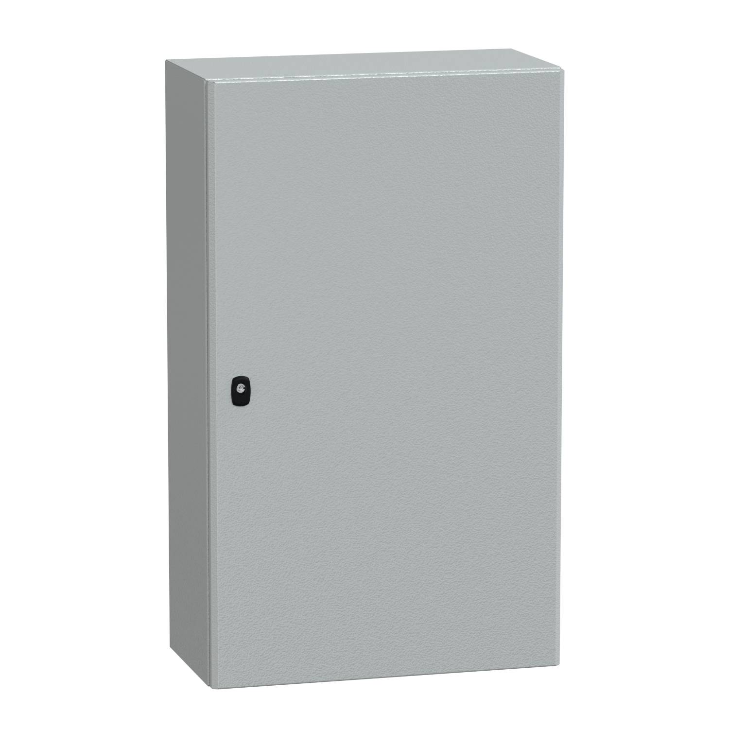 Un placard métallique gris, rectangulaire, avec une porte et un petit verrou sur la façade.