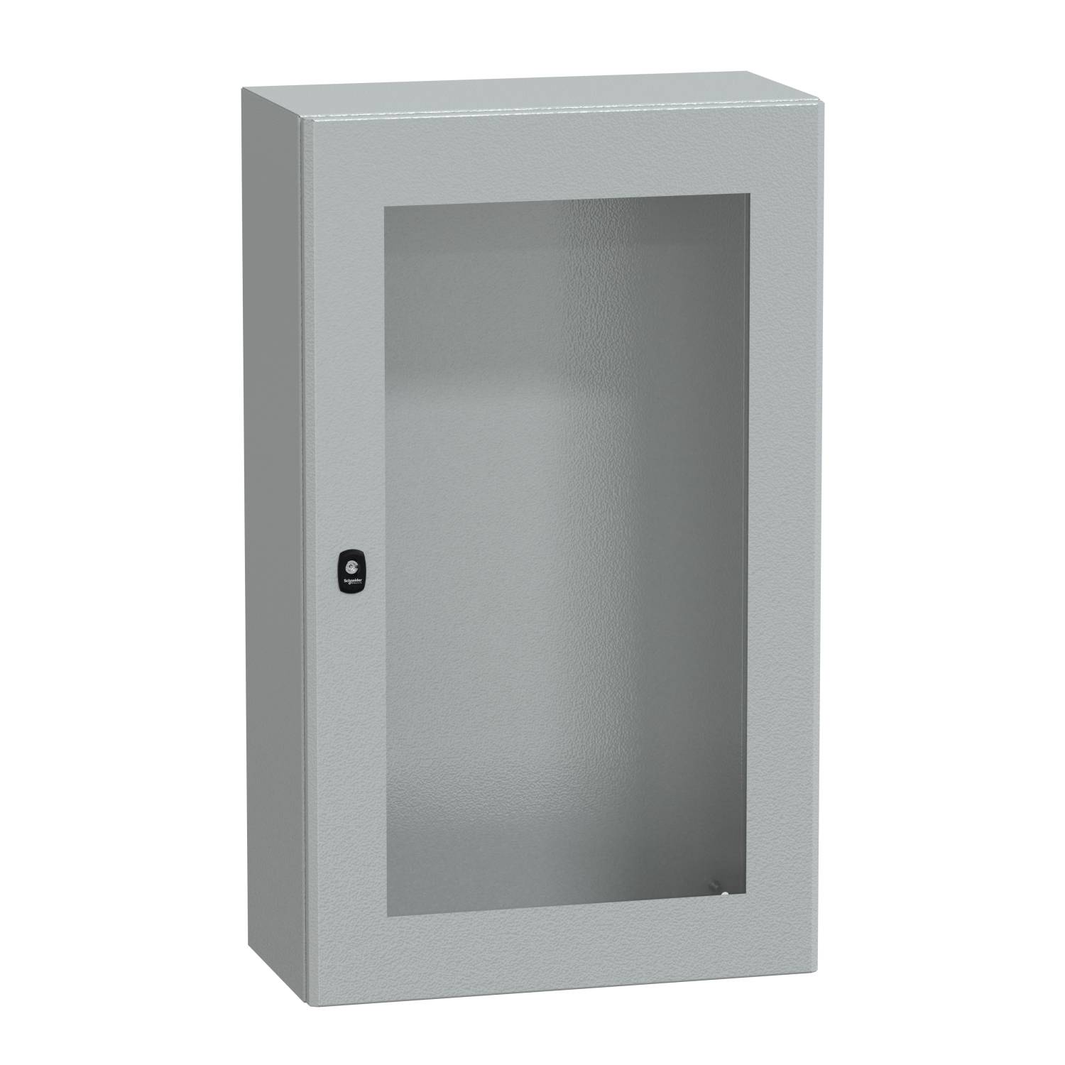Boîtier mural gris argenté avec porte vitrée et serrure. Design épuré, adapté au rangement ou à l'exposition de contenus.