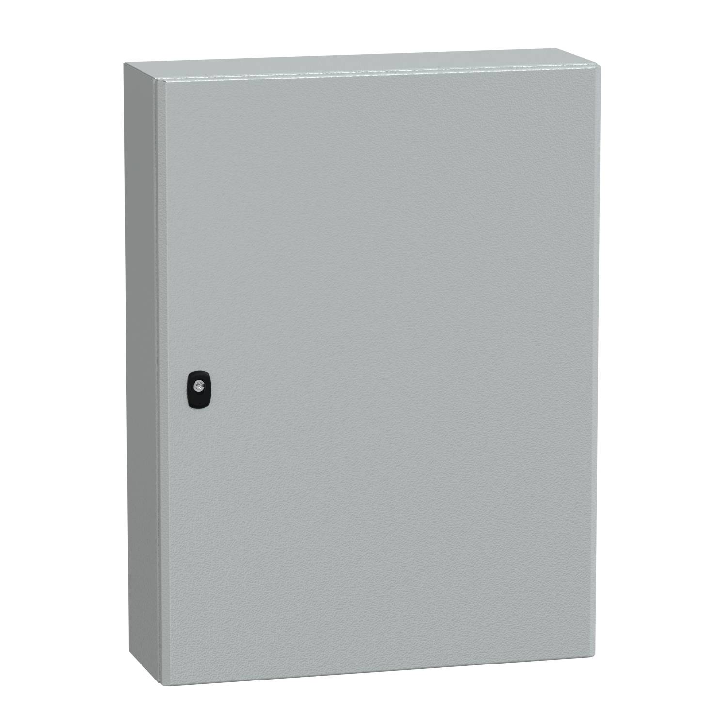 Armoire métallique grise avec une petite poignée noire sur la façade.