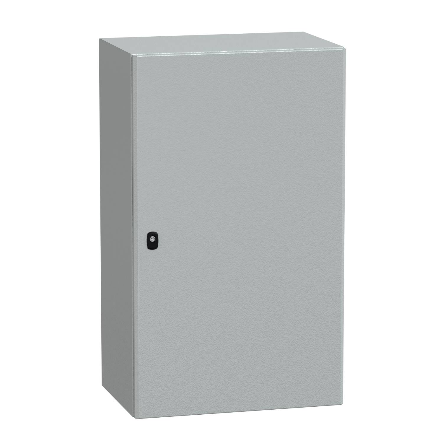 Un placard métallique gris avec une porte et une petite poignée noire, debout verticalement devant un fond blanc.