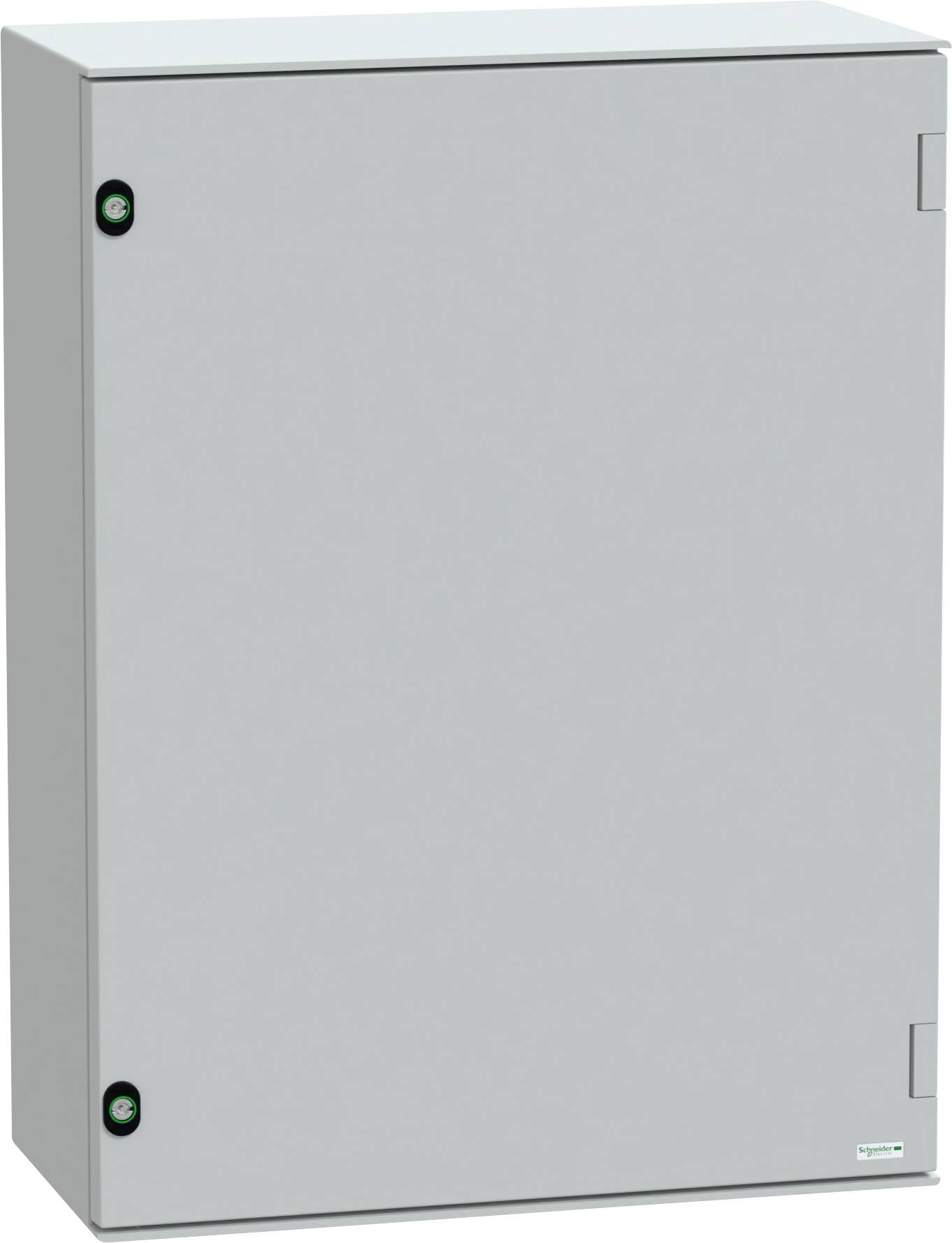 Une armoire électrique grise avec deux mécanismes de verrouillage circulaires et une porte à charnières, utilisée pour abriter des composants électriques.