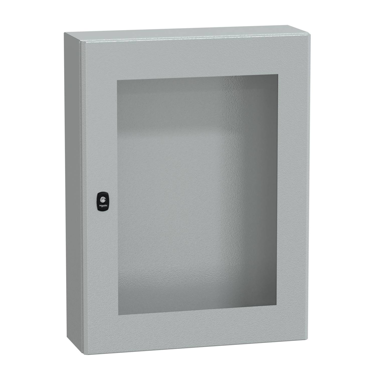 Armoire métallique grise avec porte vitrée et serrure, adaptée au rangement d'objets.