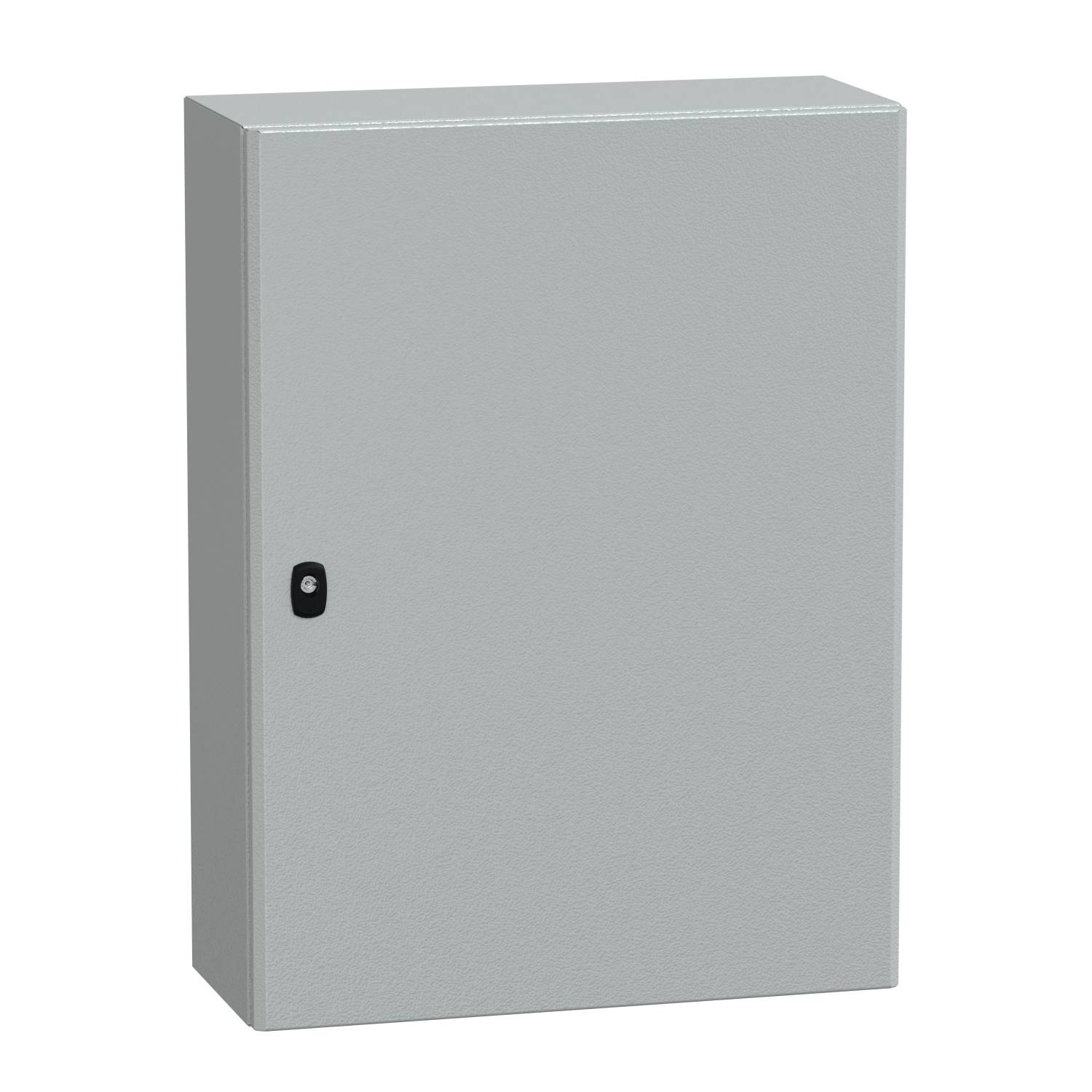 Boîtier métallique gris avec porte, verrouillé par un cadenas noir. Adapté pour protéger des appareils électriques ou techniques.