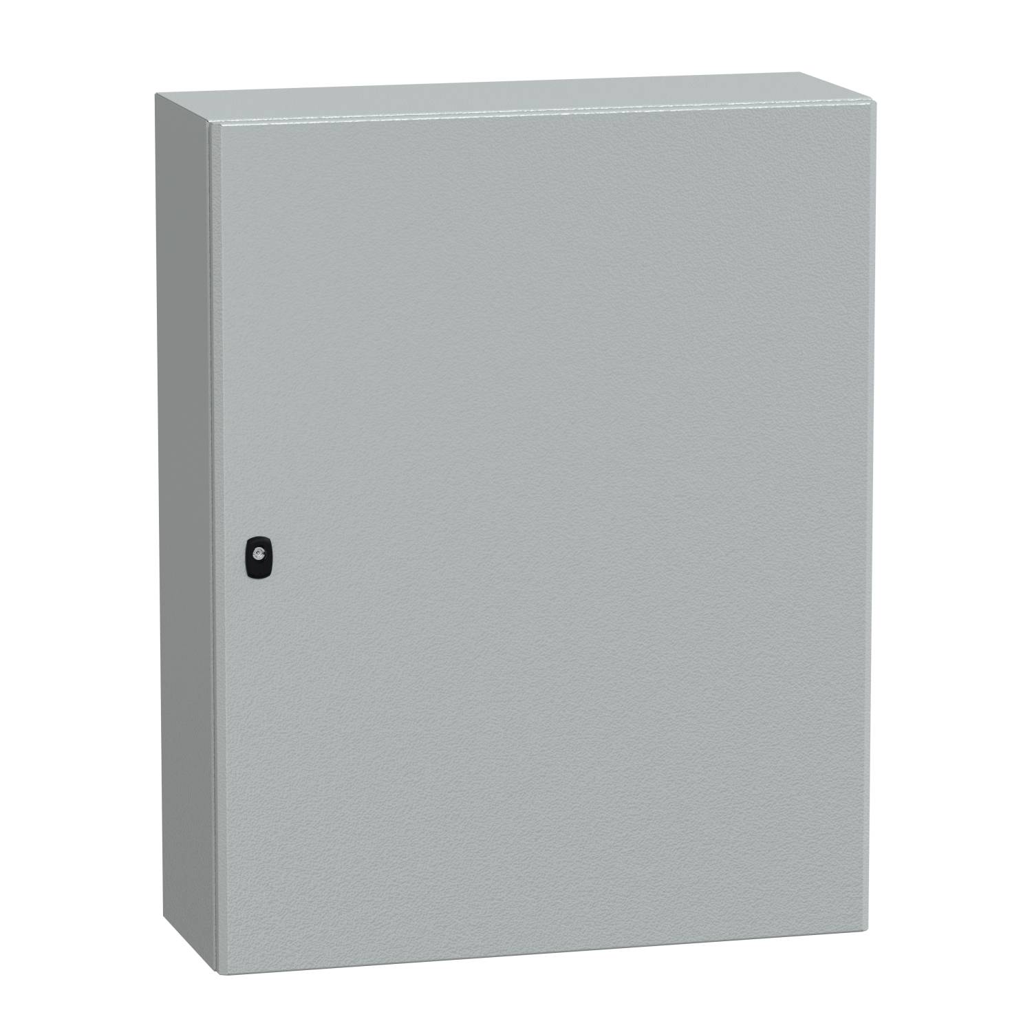 Un boîtier métallique gris avec une porte et un verrou noir sur la façade.