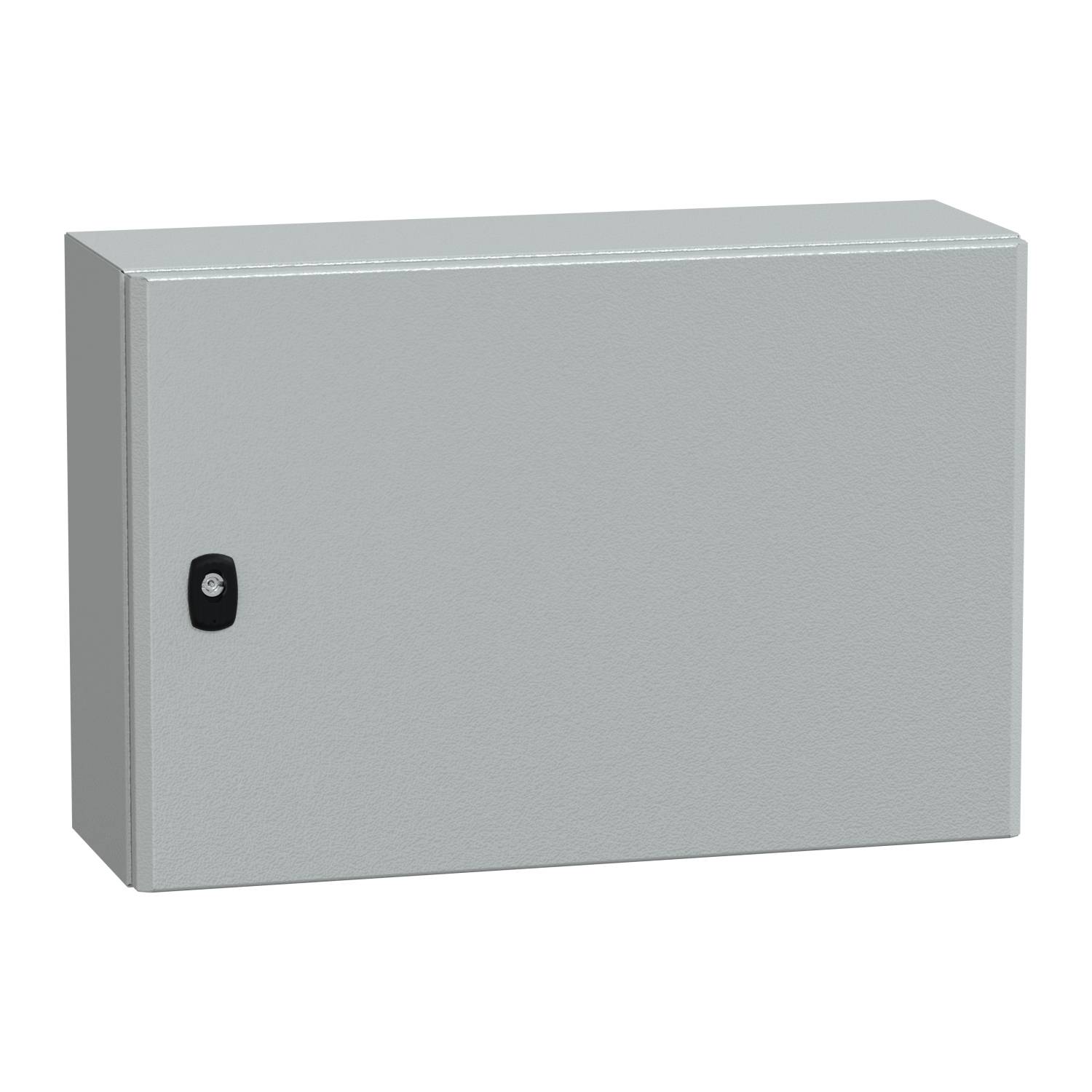 Un armoire rectangulaire grise en métal, avec une petite poignée noire sur le côté gauche, probablement destinée à la fixation murale.