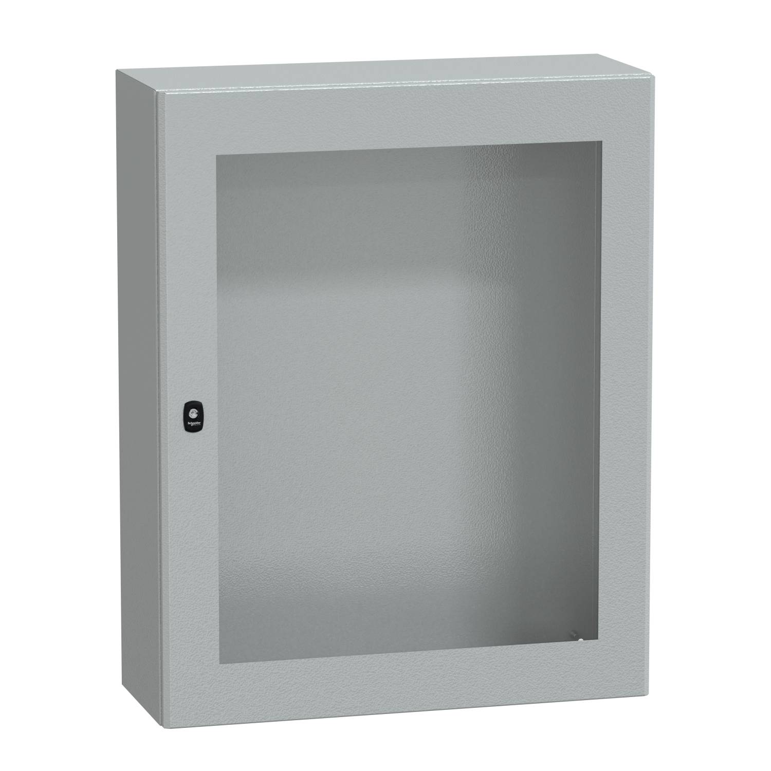 Un placard métallique gris avec une porte vitrée, fermé, et un verrou sur le côté.