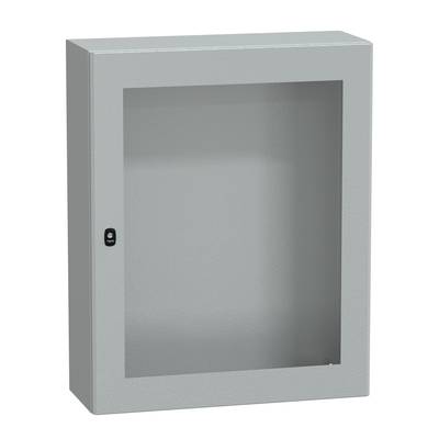 Un placard métallique gris avec une porte vitrée, fermé, et un verrou sur le côté.