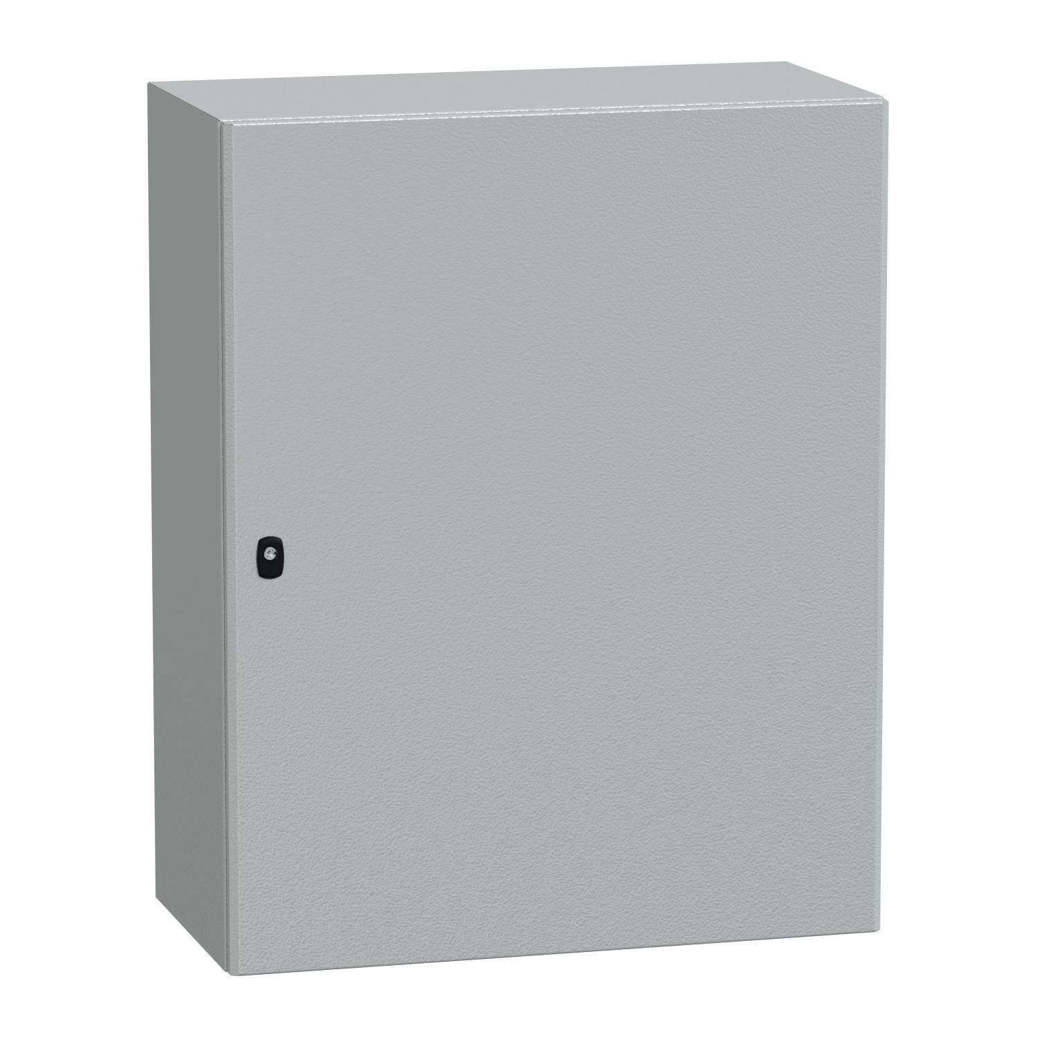 Un placard métallique gris, rectangulaire, avec une porte verrouillée par une poignée noire.