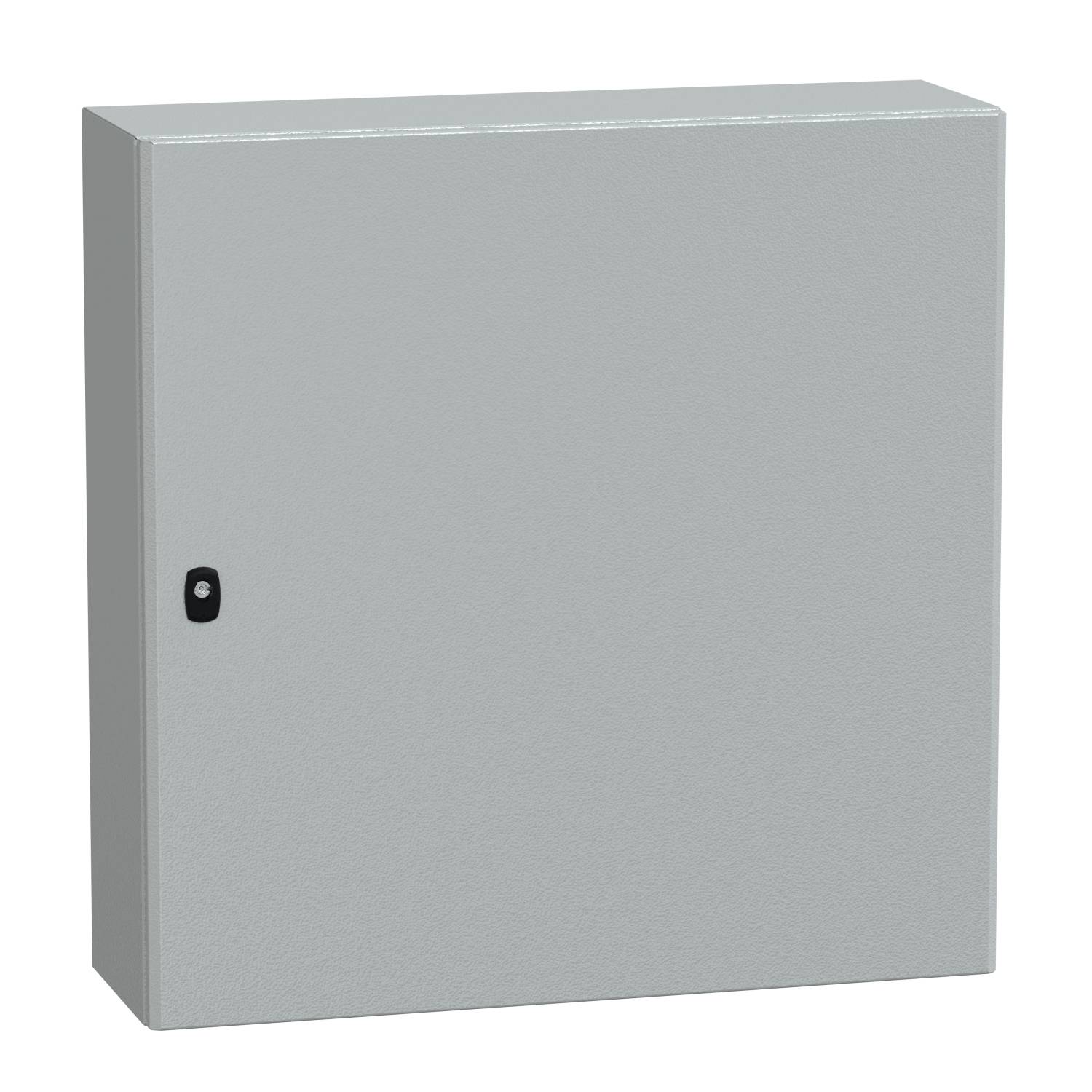 Armoire métallique grise, de forme carrée, avec un verrou noir sur le côté gauche, utilisée pour le rangement ou la protection d'équipements techniques.