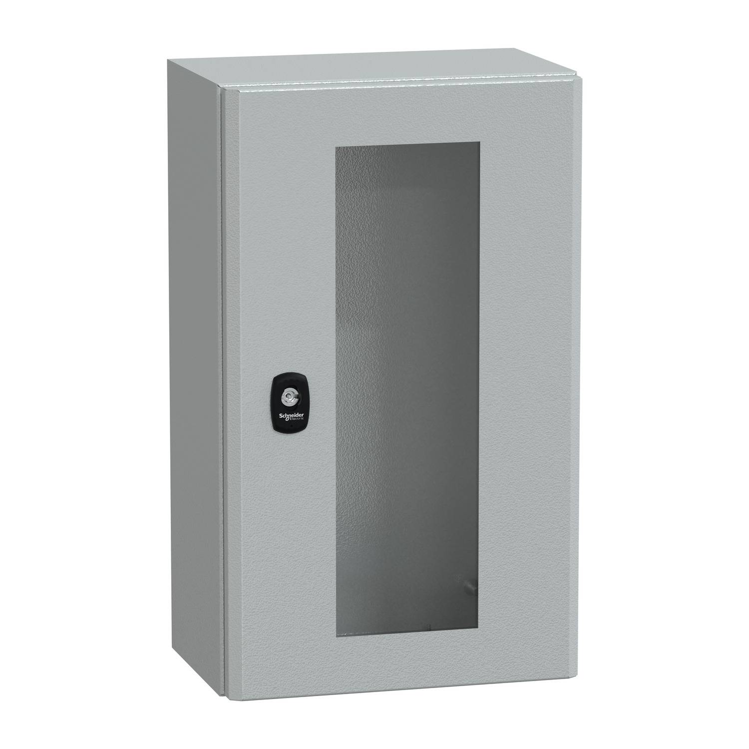Armoire métallique grise avec porte vitrée et petite serrure, adaptée au rangement d'équipements électroniques ou d'autres appareils sensibles.