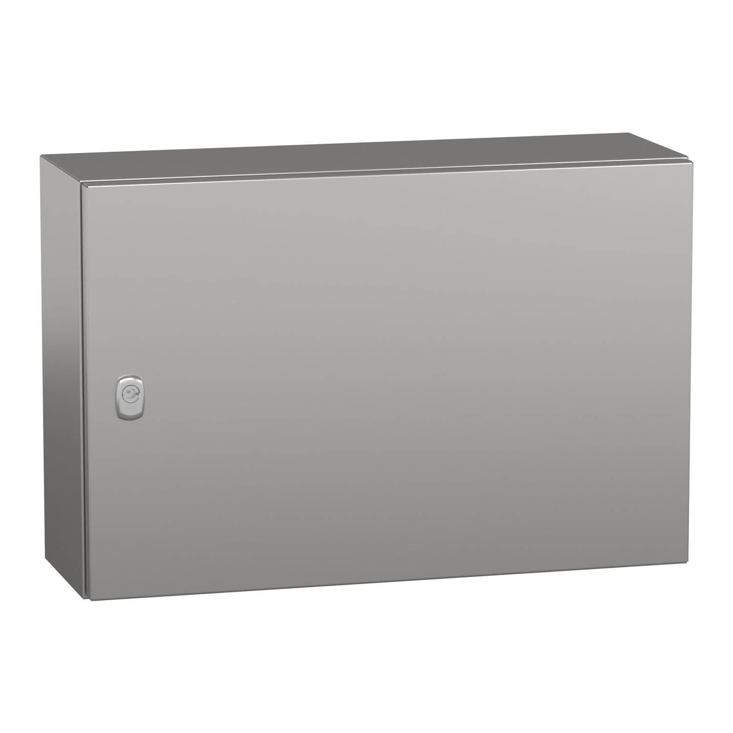 Armoire métallique fixée au mur, équipée d'une petite poignée tournante sur le côté gauche de la façade.
