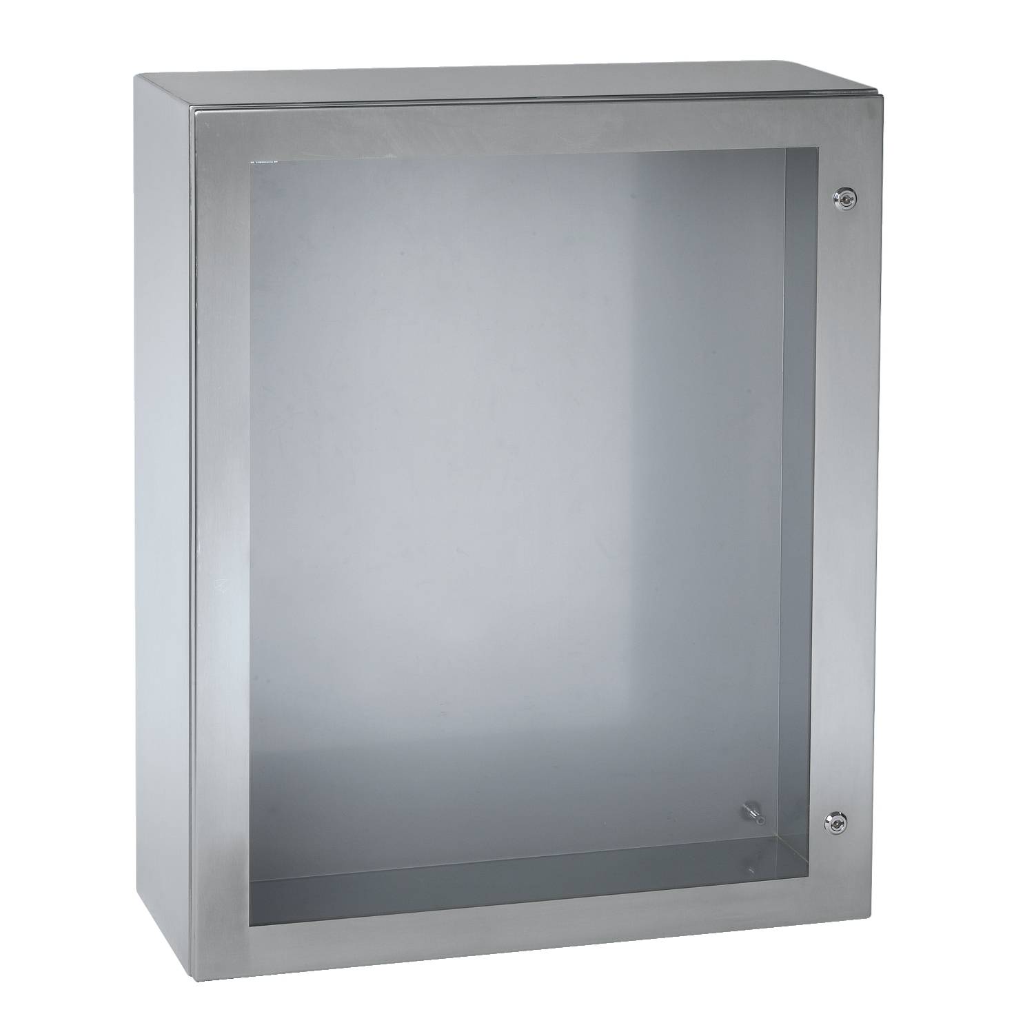 Boîte en métal argenté avec porte en verre, adaptée au rangement ou à la présentation d'objets.