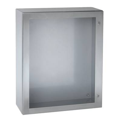 Boîte en métal argenté avec porte en verre, adaptée au rangement ou à la présentation d'objets.