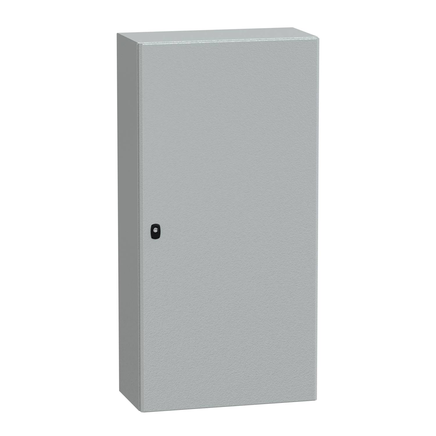Un placard métallique gris, rectangulaire, avec une porte et une poignée noire. L'armoire est sobre et fermée.
