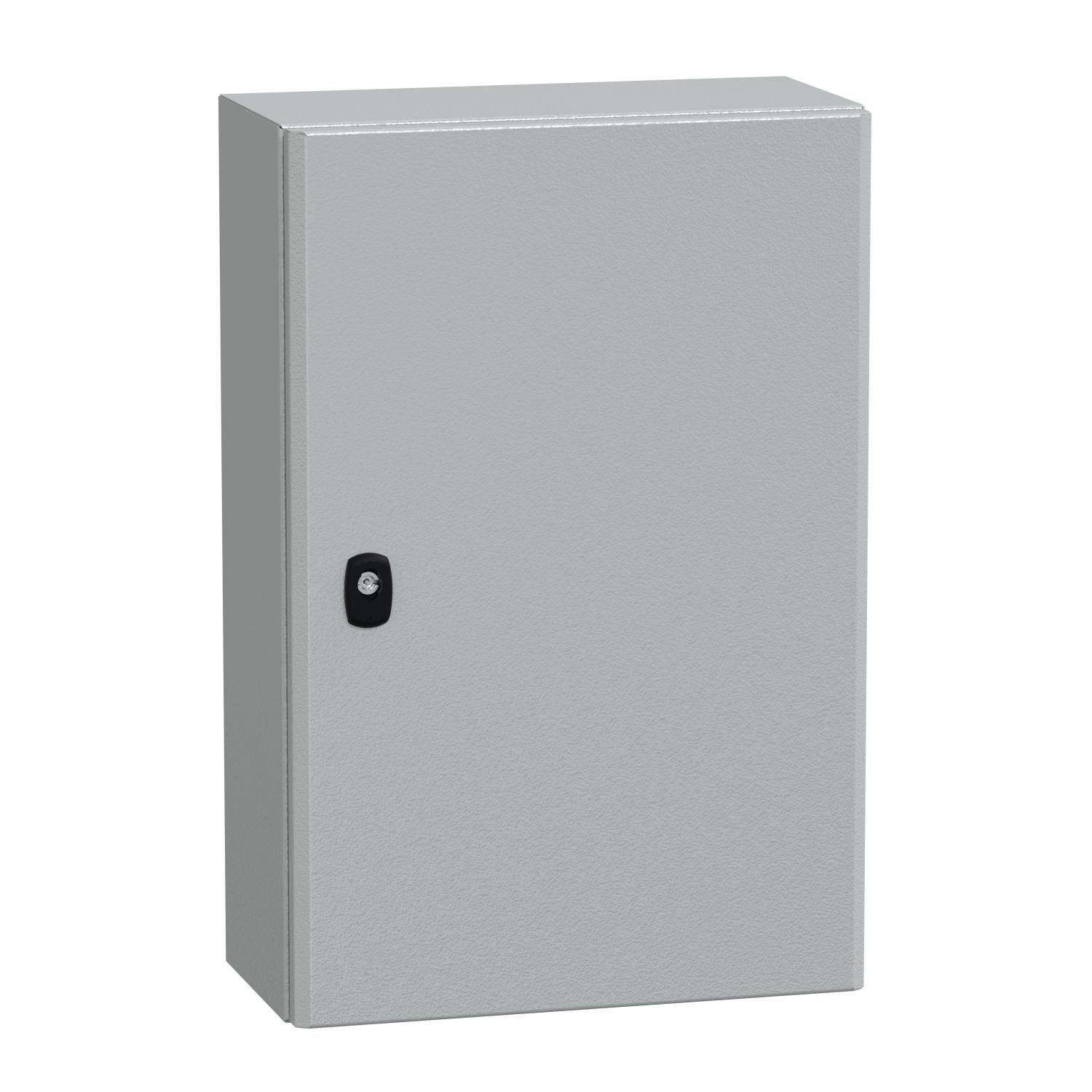 Un boîtier de commande industriel gris avec un verrou sur la façade. Forme rectangulaire, destiné au contrôle du boîtier de machines.