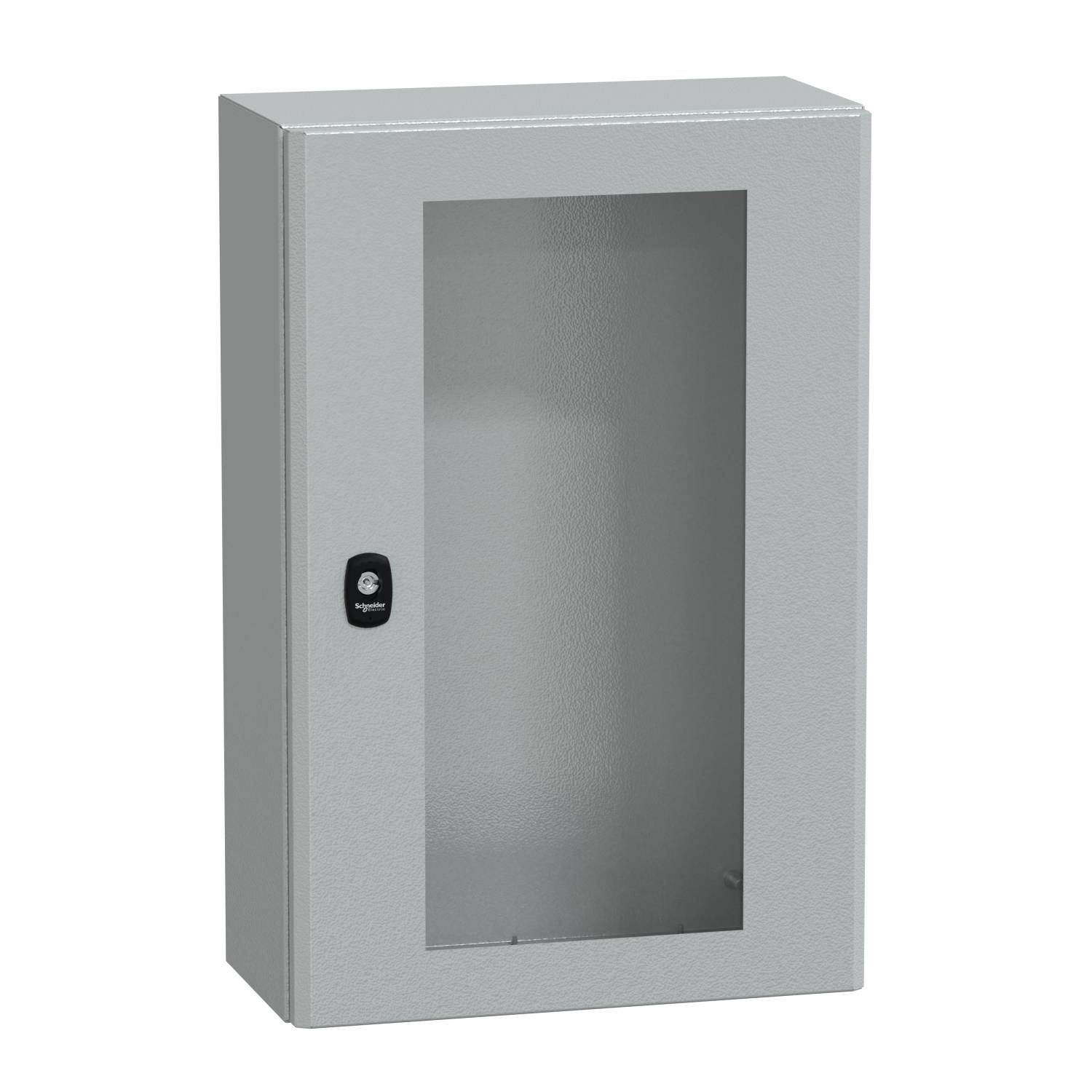 Un placard métallique gris avec une porte vitrée et une serrure. Adapté au rangement sécurisé des objets.