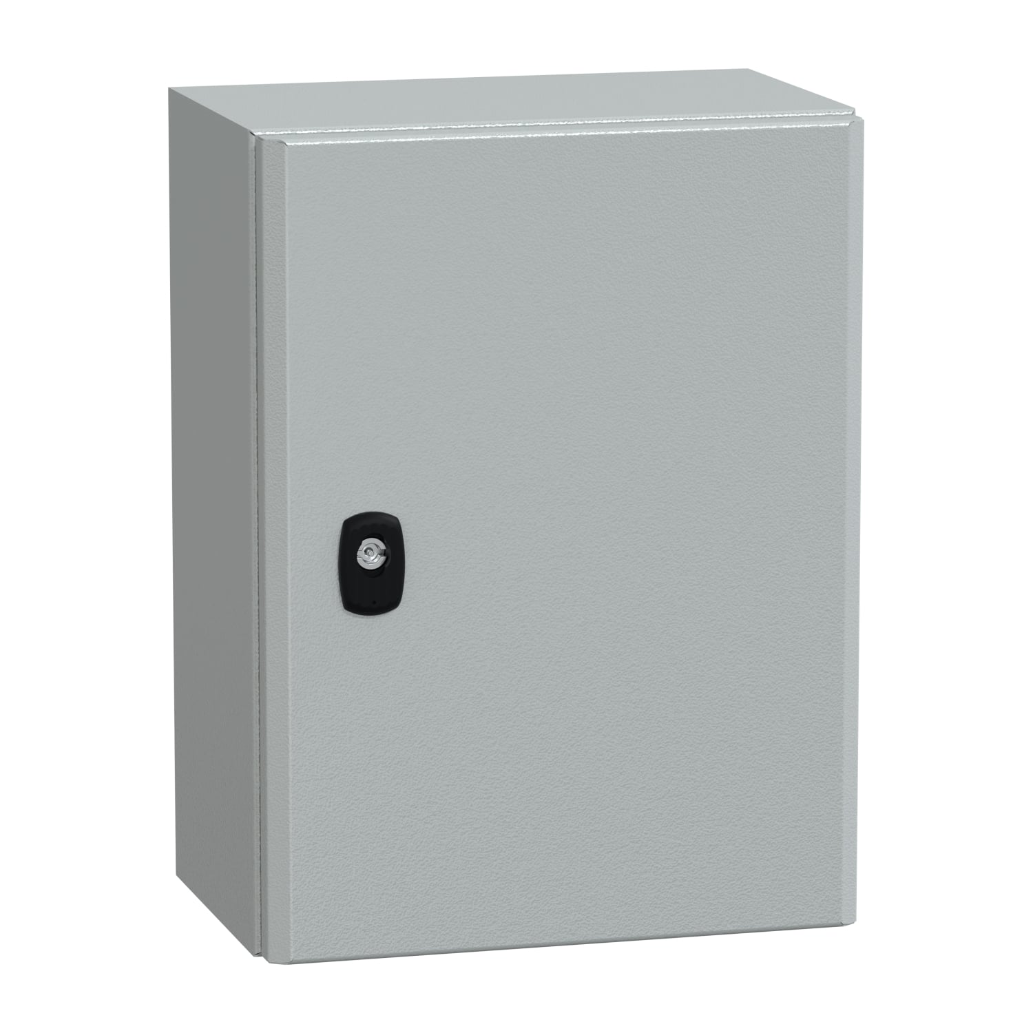 Armoire grise avec une poignée noire sur la façade. L'armoire présente un design simple et rectangulaire.