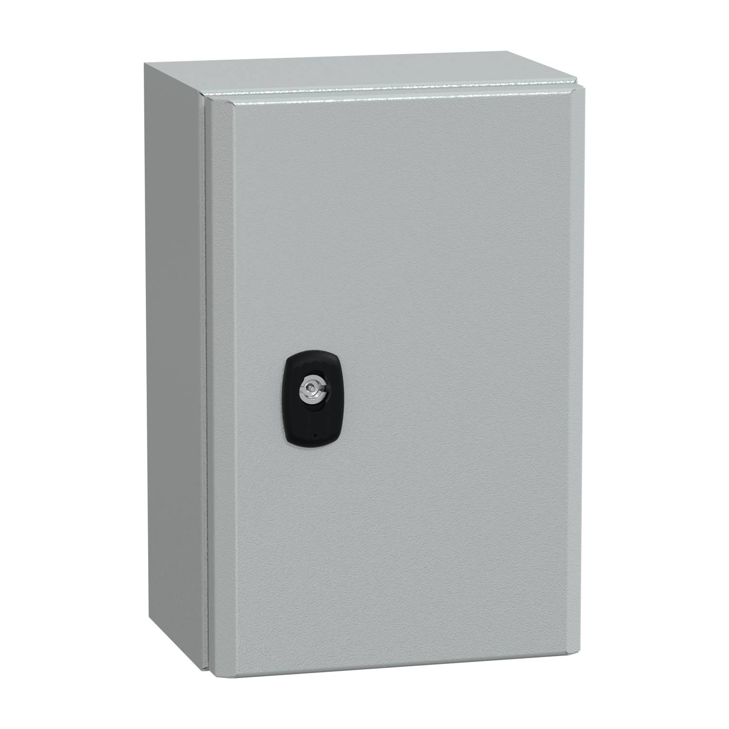 Un armoire métallique grise avec une porte noire à serrure, adaptée au stockage sécurisé de composants électroniques.