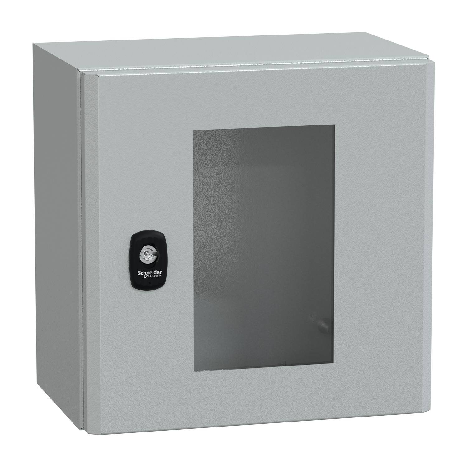 Armoire métallique grise avec porte vitrée et serrure noire.