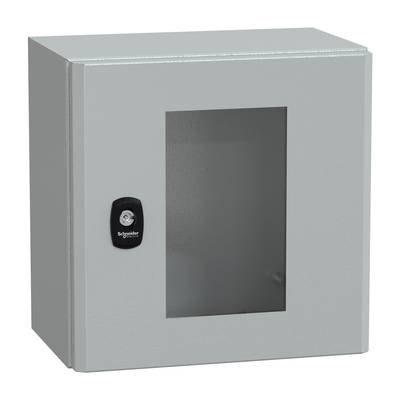 Armoire métallique grise avec porte vitrée et serrure noire.
