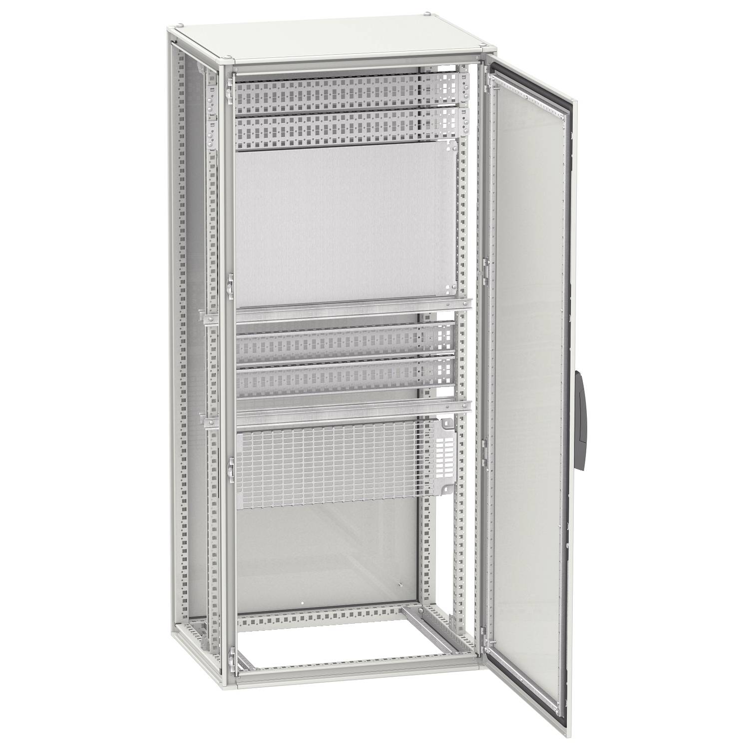 Armoire métallique électrique avec porte ouverte. Plusieurs étagères et supports de fixation pour composants électroniques sont visibles.