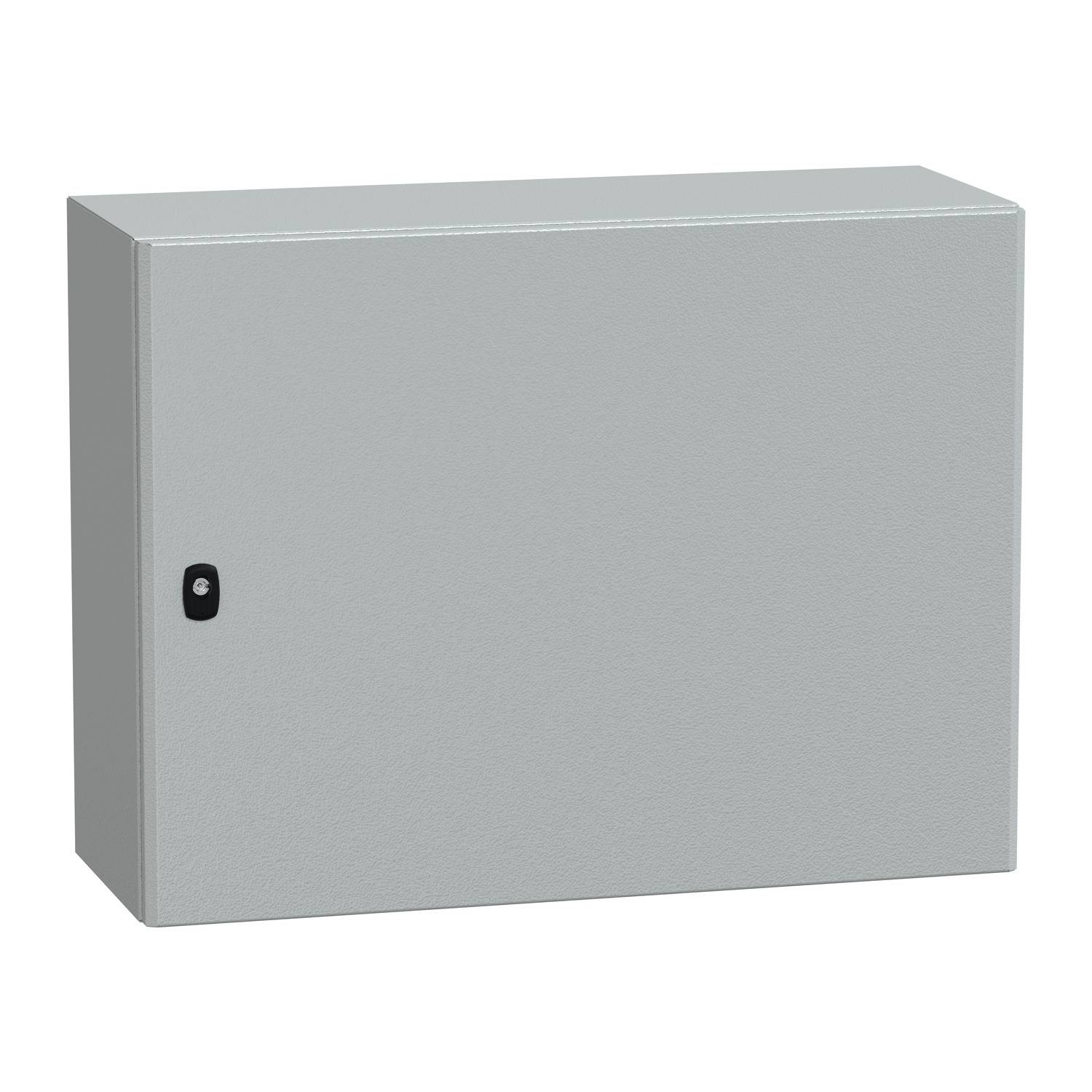 Un placard métallique rectangulaire gris avec une poignée noire sur le côté gauche. Aucun contenu visible ni marquage supplémentaire.