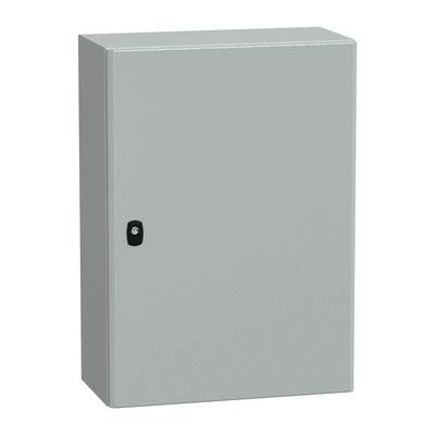 Armoire métallique grise rectangulaire avec un verrou noir à l'avant. Adaptée pour ranger des équipements électroniques.
