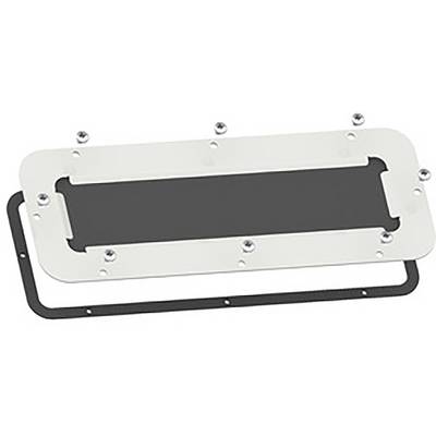 Un élément rectangulaire en métal avec des trous de vis et un joint d'étanchéité en caoutchouc noir en dessous, destiné à sceller ou à fixer.
